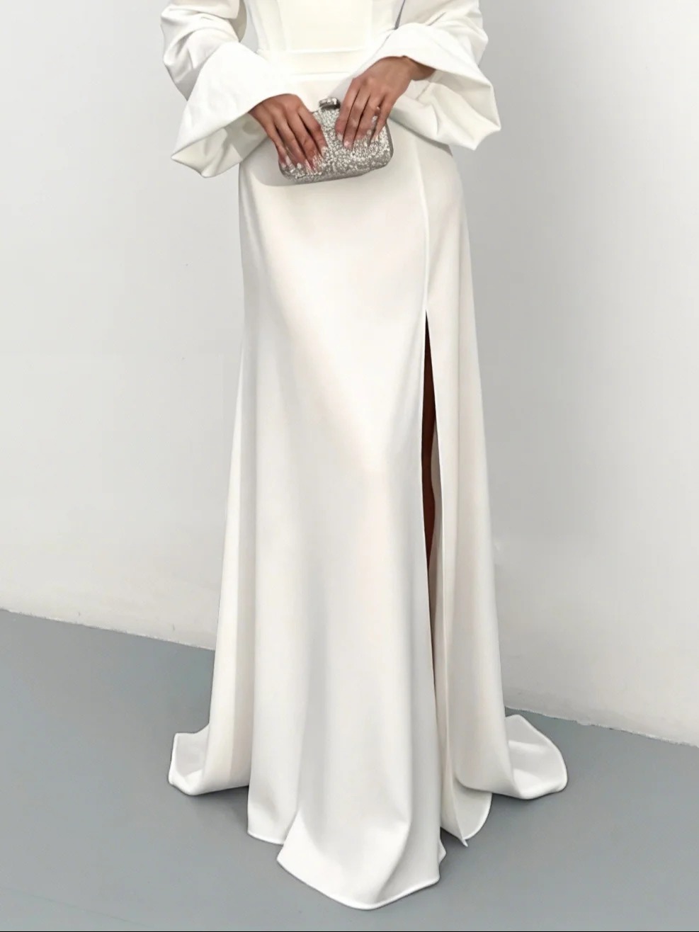 White Ruched Classic Off The Shoulder Long Sleeve A-Line Maxi Dress
