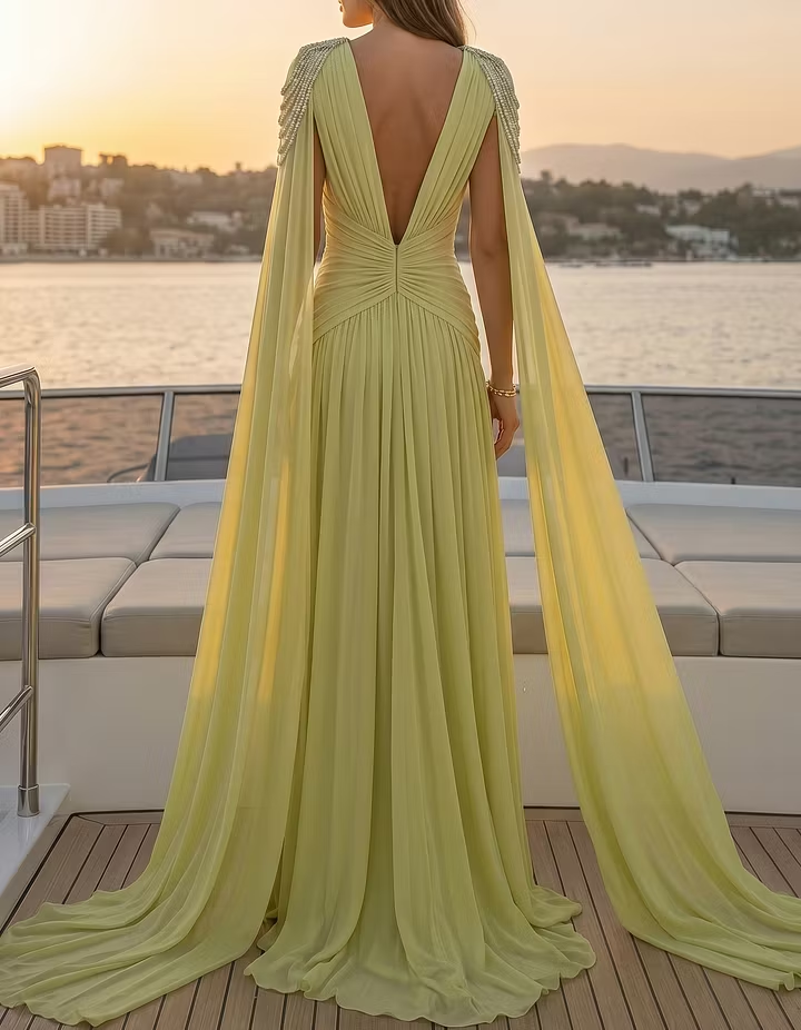 Light Yellow-Green Chiffon Deep V-Neck Diamond Epaulette Maxi Dress