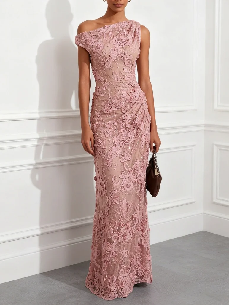 Pink Lace Asymmetrical Collar Short Sleeve Sheath Floor-length Gown Dress