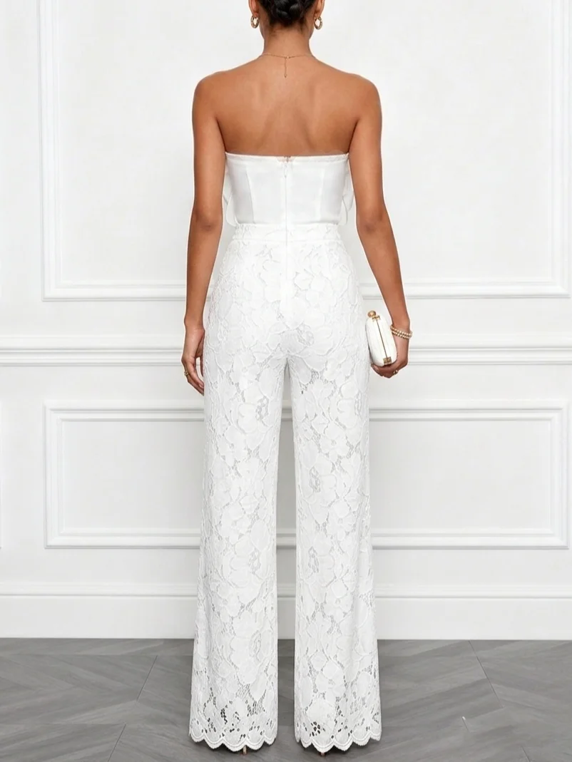 Women White 3D Floral Strapless Sleeveless Elegant Top With Pants Two-Piece Set