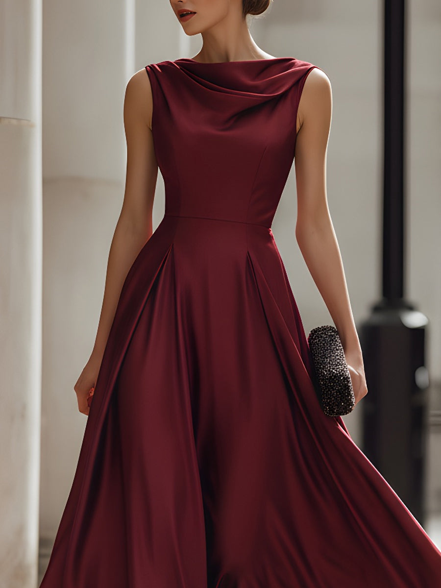 Burgundy Draped Sleeveless Midi Dress With Defined Waist
