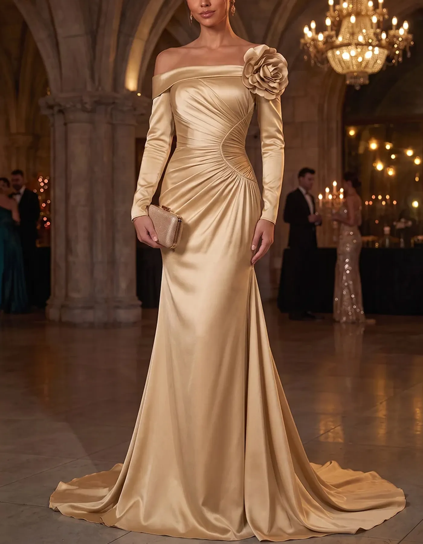 Champagne Satin Off The Shoulder Long Sleeve 3D Floral Maxi Dress
