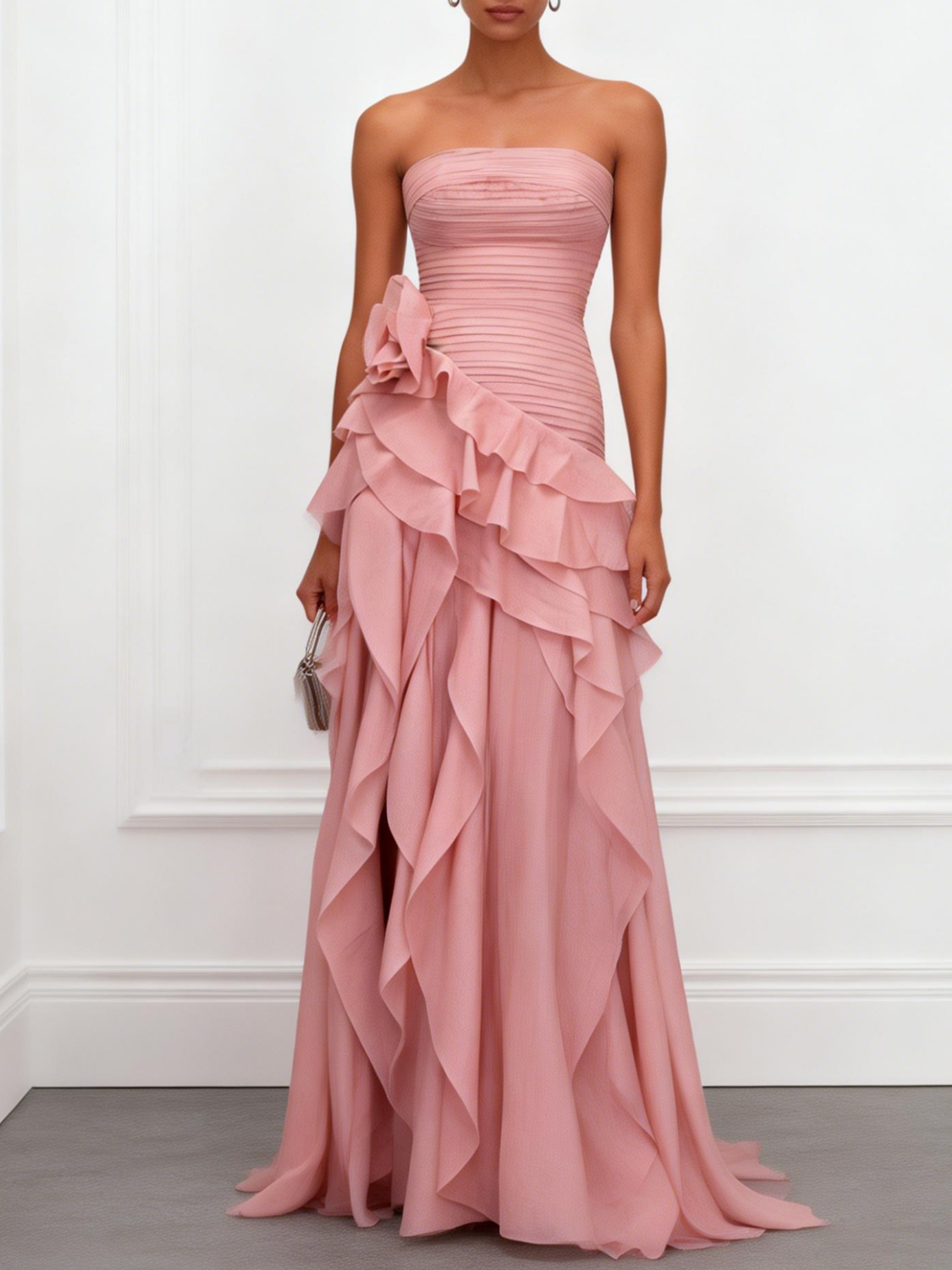Pink 3D Floral Ruffled Classic Strapless Sleeveless A-Line Floor-length Gown Dress