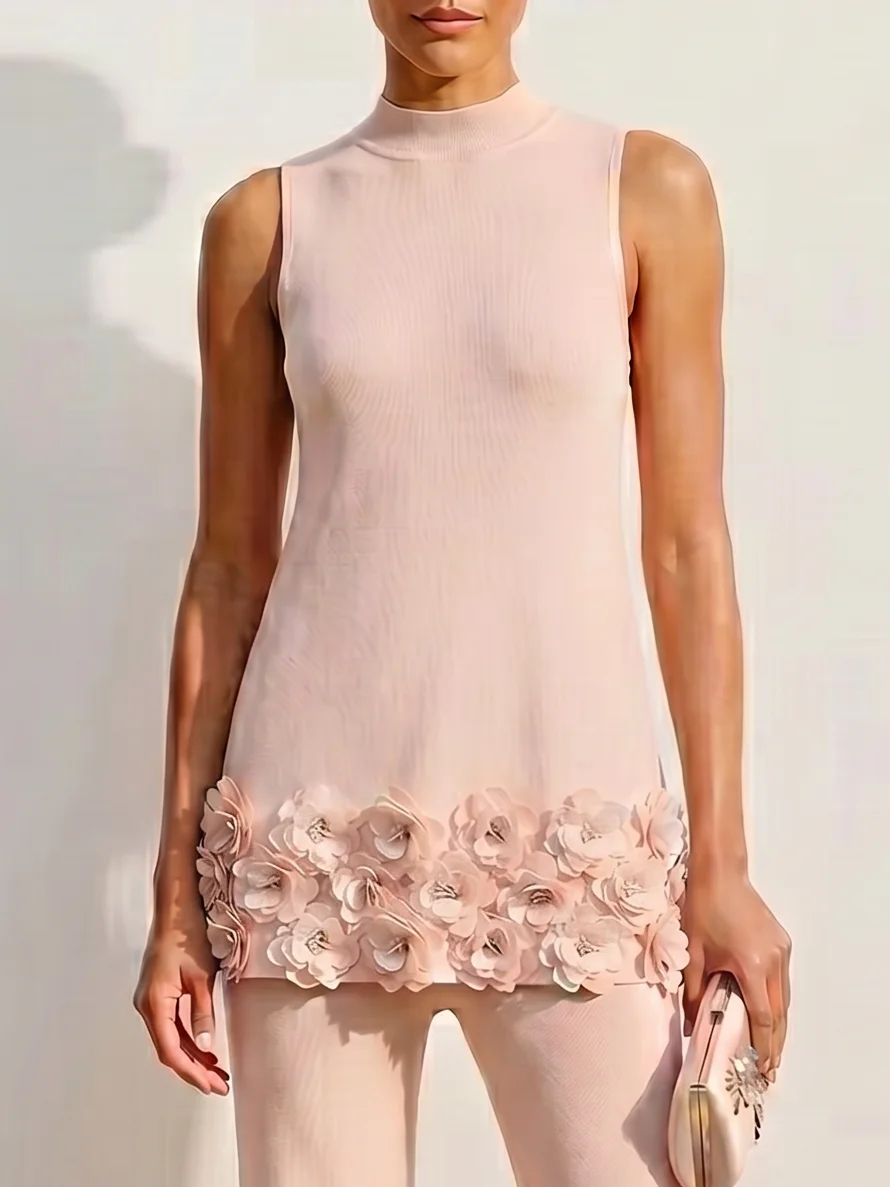 Women Pink 3D Floral Lapel Collar Sleeveless Elegant Top With Pants Two-Piece Set