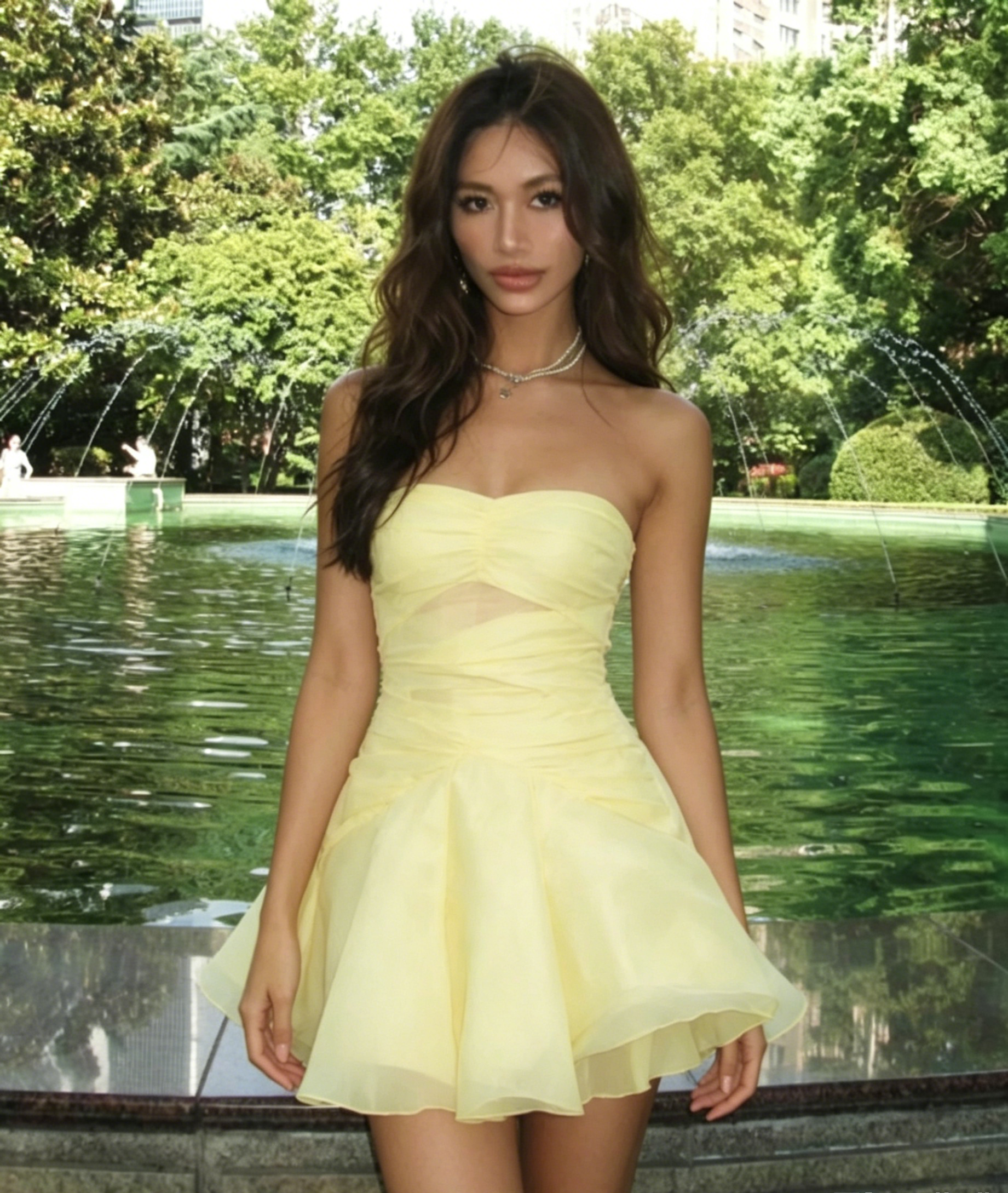 Light Yellow Chiffon Strapless Mini Dress Ruched Flowy Swing Skirt