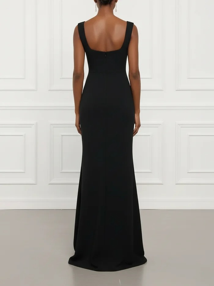 Black Applique Rhinestone Knit Square Neck Sleeveless Sheath Gown Dress