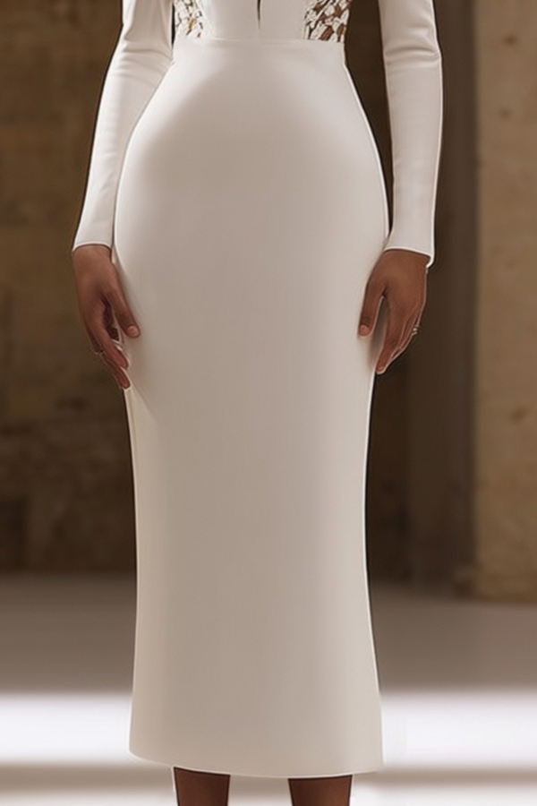 Cocktail Party Dress White Deep V Long Sleeve Sheath Midi Dress