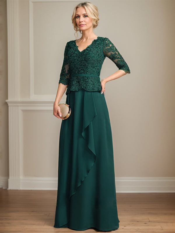 A-line V-Neck Floor-Length Lace Chiffon Mother of the Bride Dress With Cascading Ruffles Sequins