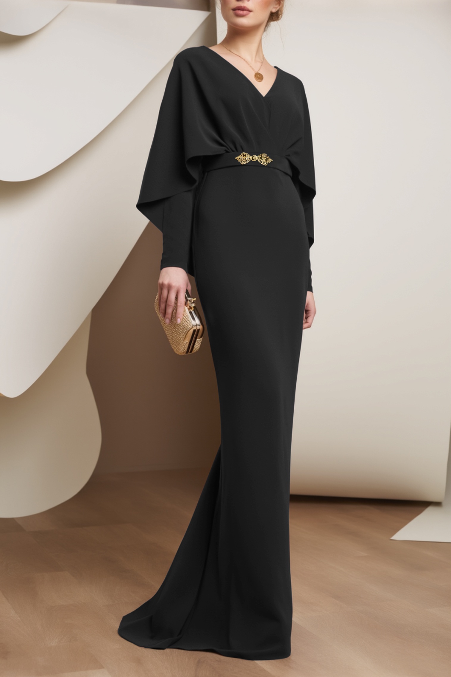 Evening Dress Purple V Neck Cap Belted Maxi Dress