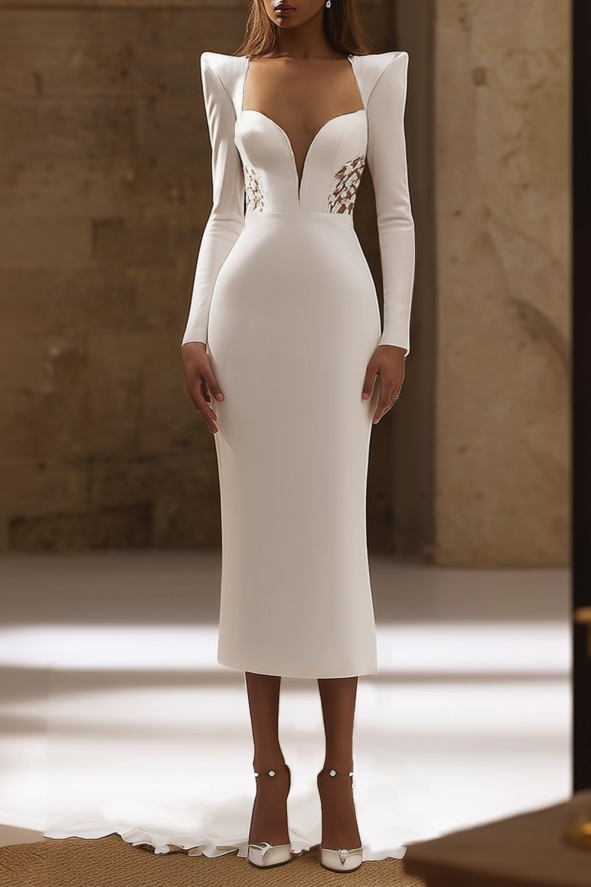 Cocktail Party Dress White Deep V Long Sleeve Sheath Midi Dress