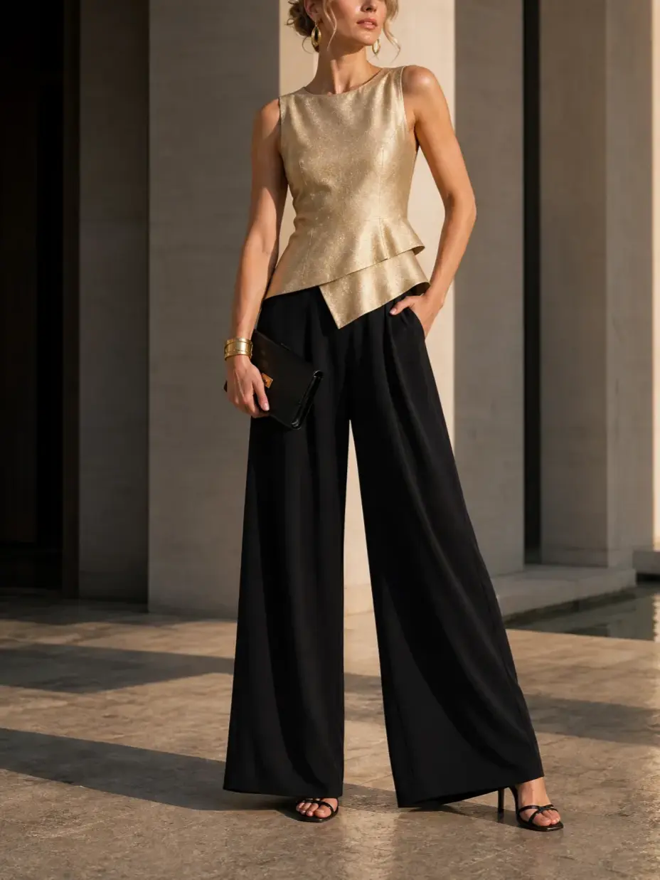 Metallic Gold Round Neckline Sleeveless Asymmetric Peplum Trouser Jumpsuit Maxi Evening Gown Dress