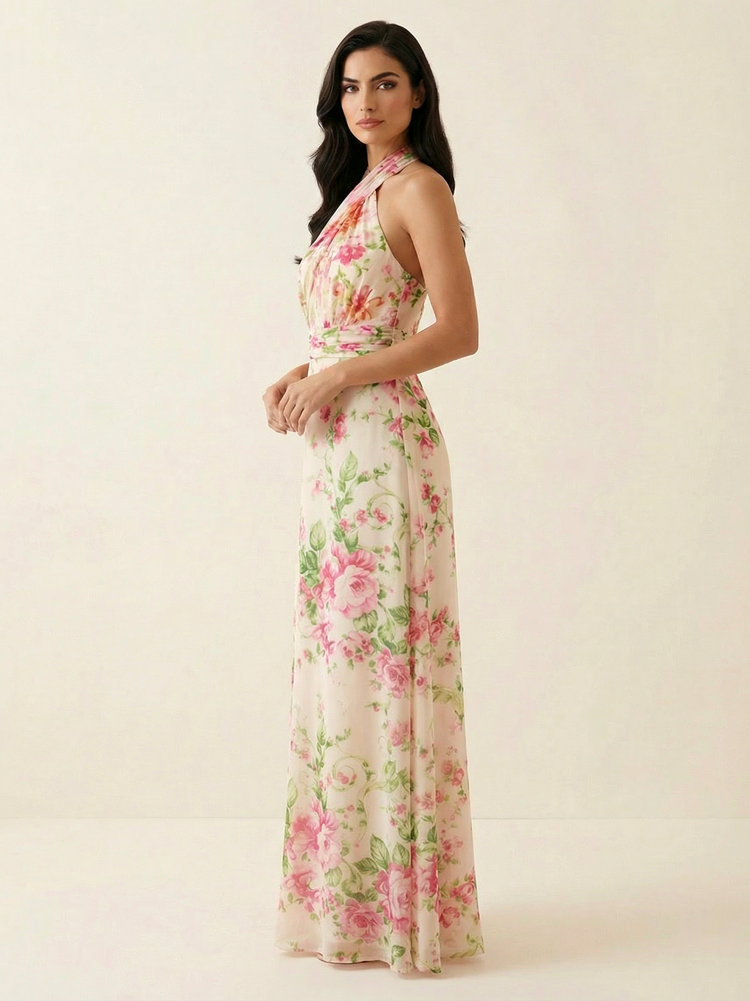 Cream Pink Floral Halter Neck Chiffon Maxi Gown