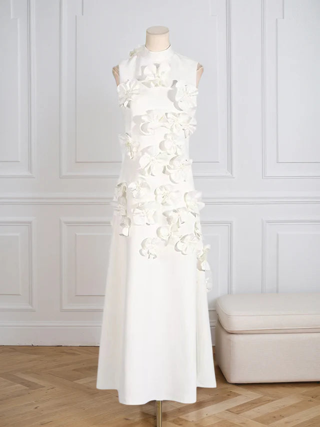 A Line High Neck Sleeveless Floor Length Stretch Crepe Dress With 3D Flowers