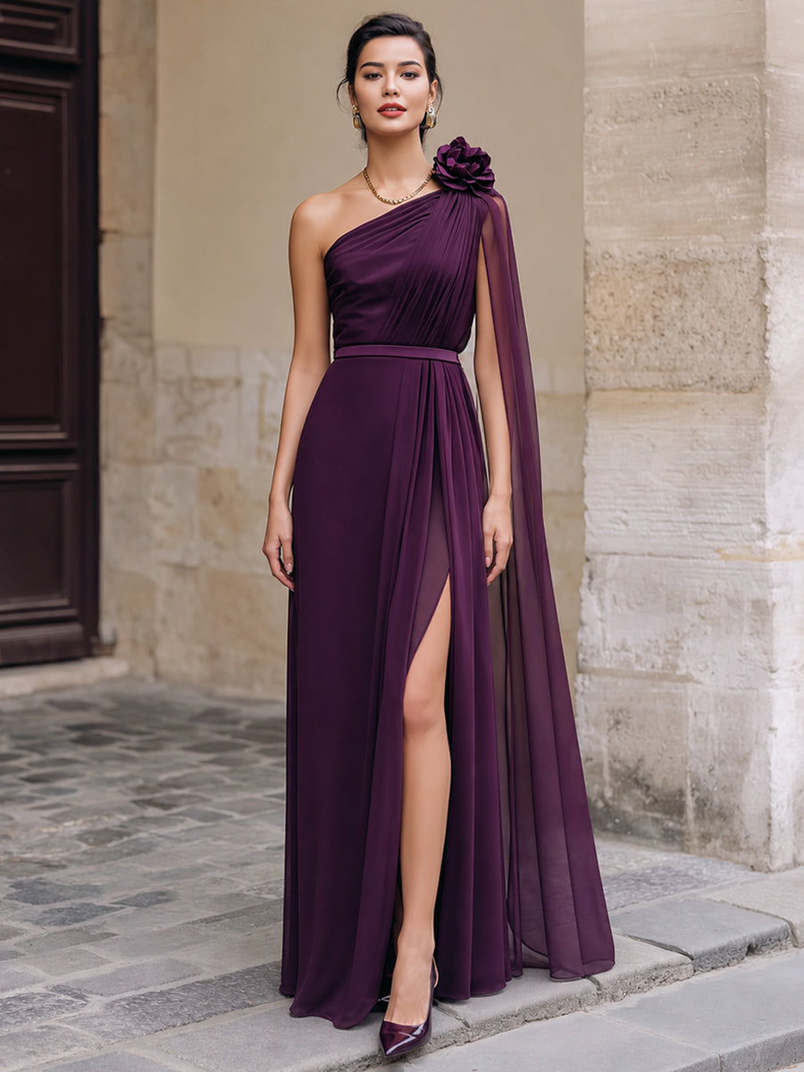 One-Shoulder Floral Detail Chiffon Evening Gown