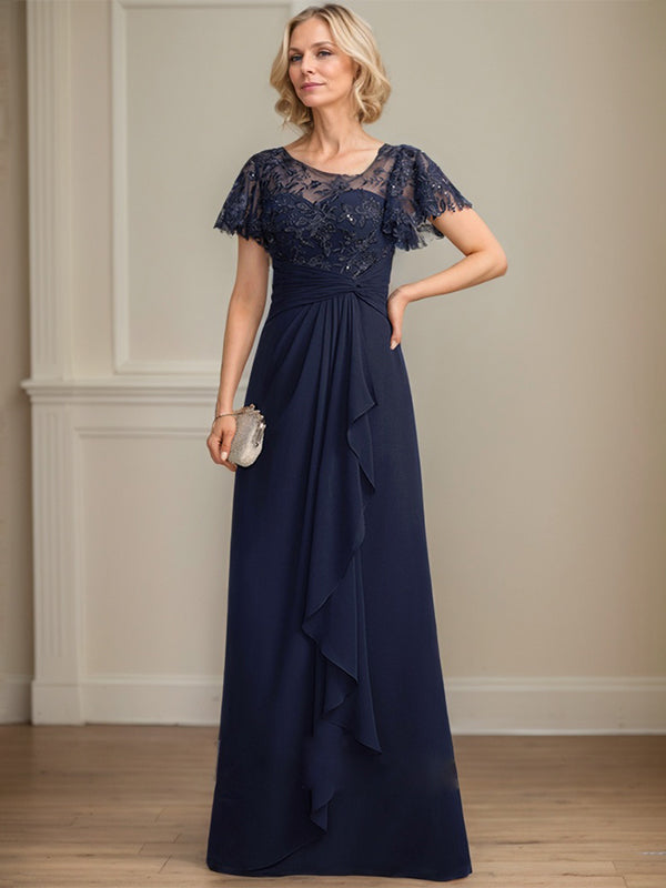 A-line Asymmetrical Illusion Floor-Length Lace Chiffon Mother of the Bride Dress With Cascading Ruffles Sequins