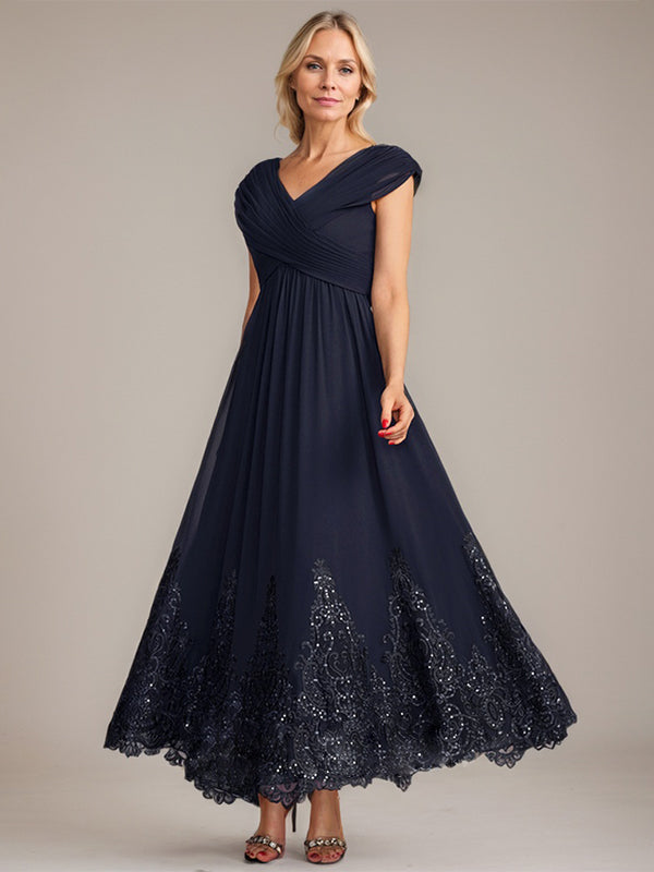 A-line V-Neck Ankle-Length Chiffon Mother of the Bride Dress With Applique Sequins