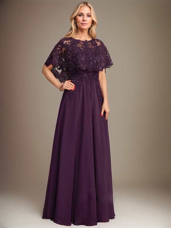 A-line Boat Neck Floor-Length Lace Chiffon Mother of the Bride Dress With Applique Sequins