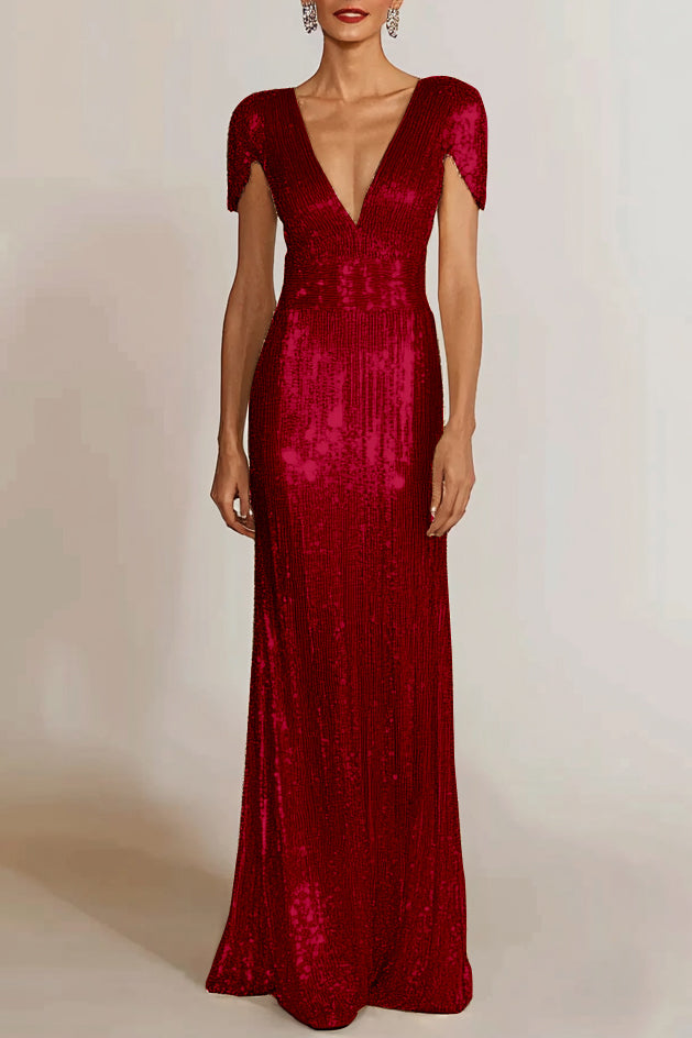 Holiday Party Gold V-Neck Sequins Maxi Dress