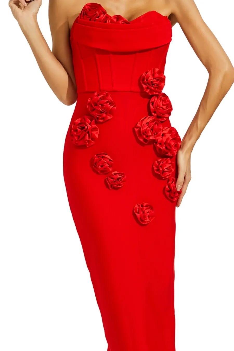 Red Strapless Sheath Gown with 3D Flower Appliques