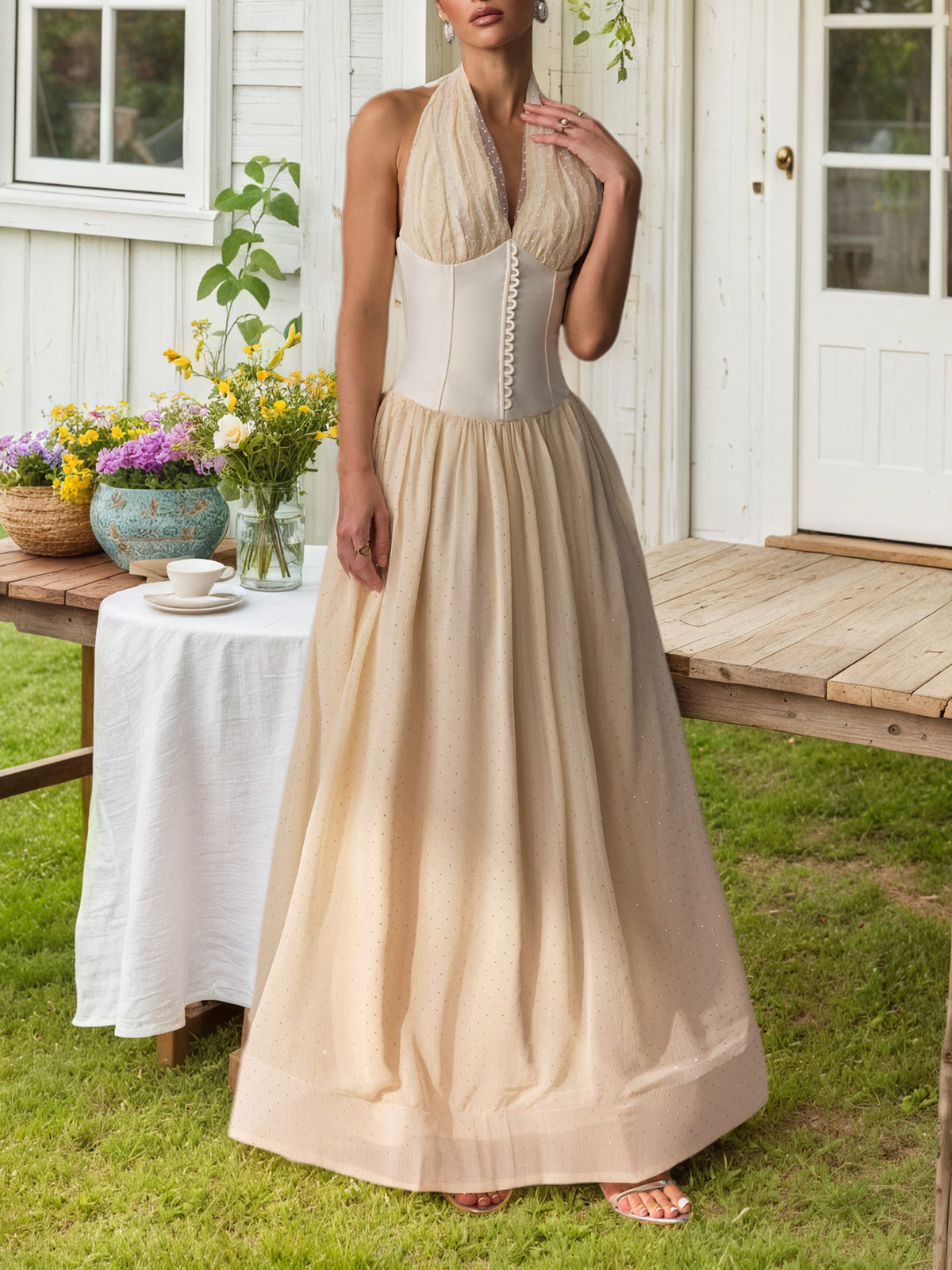 White Halterneck Tulle Overlay Maxi Dress