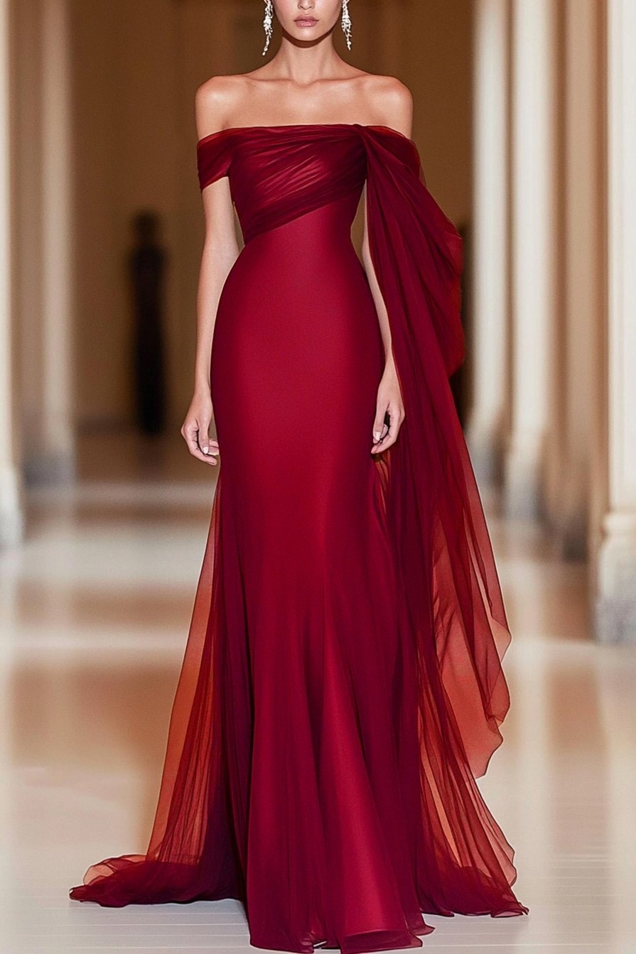 Cabernet Off the Shoulder Sheath Maxi Formal Dress with Ruffles