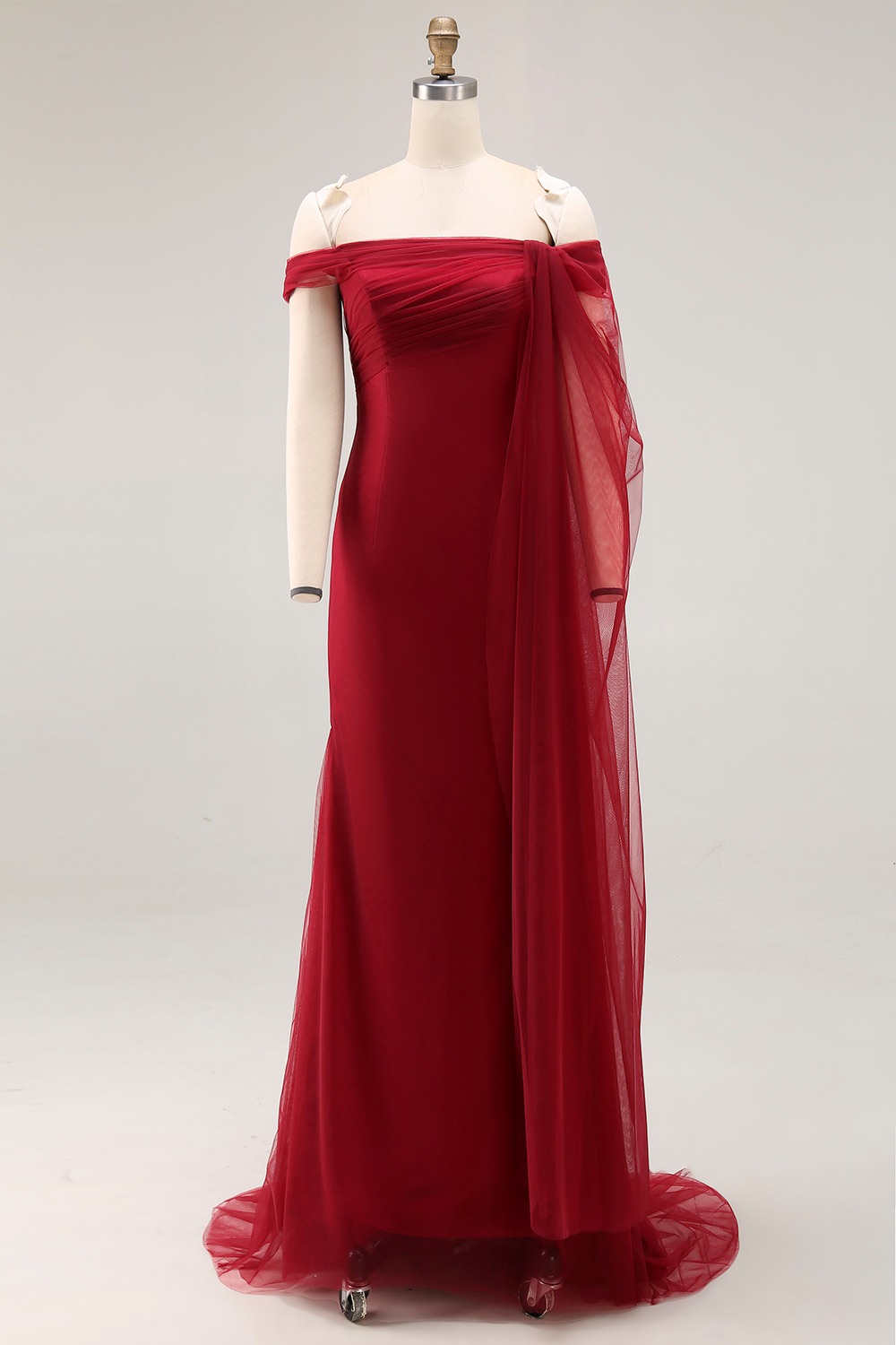 Cabernet Off the Shoulder Sheath Maxi Formal Dress with Ruffles