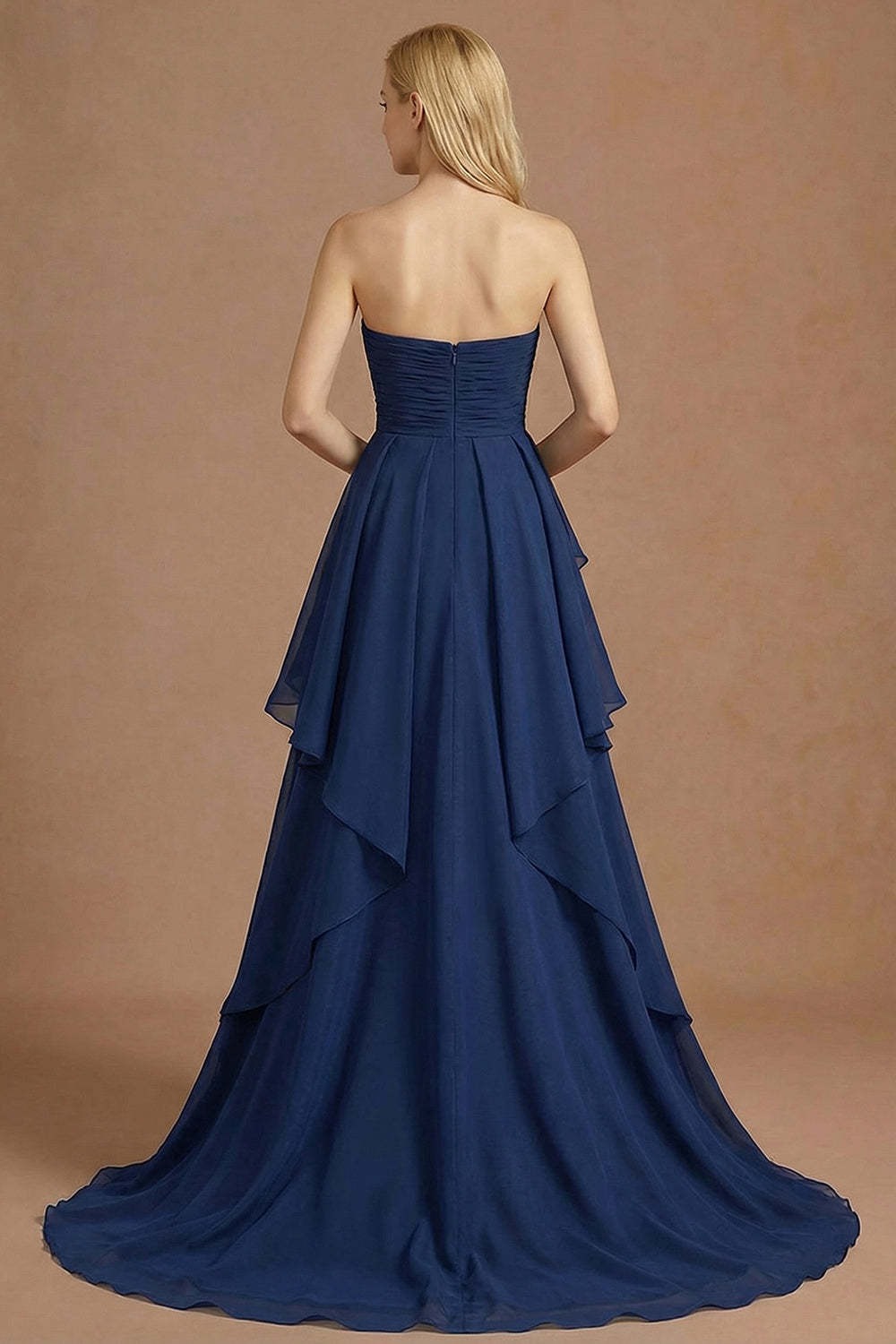 Navy A Line Sweetheart Ruffled Backless Long Prom Dress