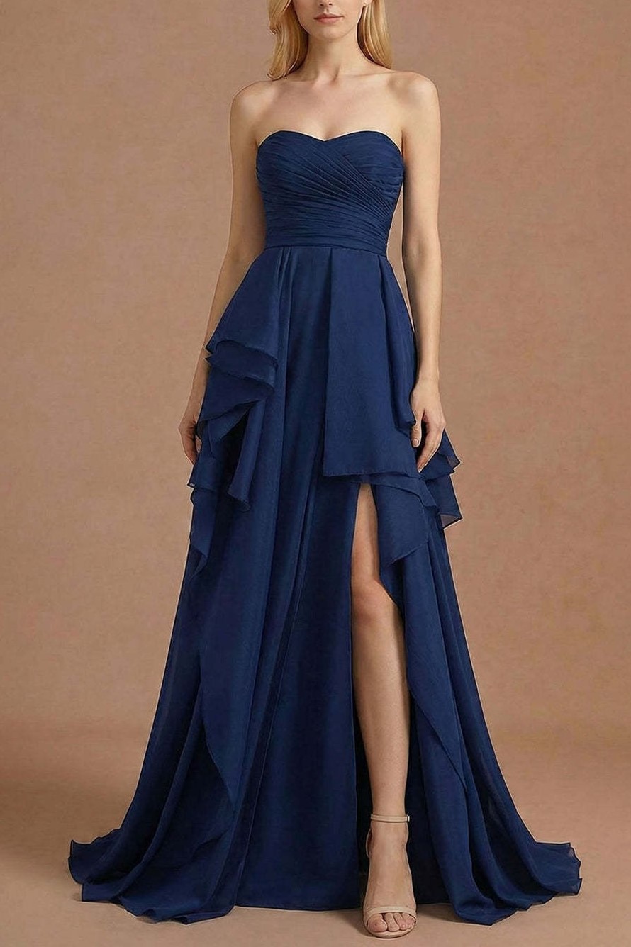 Navy A Line Sweetheart Ruffled Backless Long Prom Dress