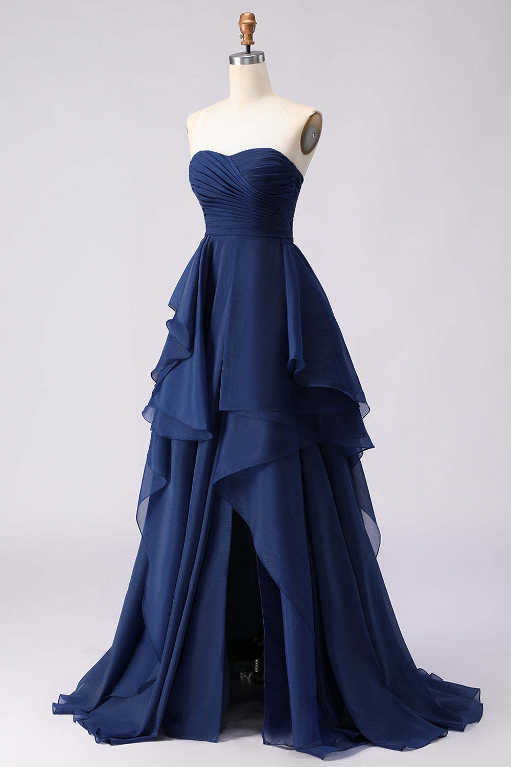 Navy A Line Sweetheart Ruffled Backless Long Prom Dress