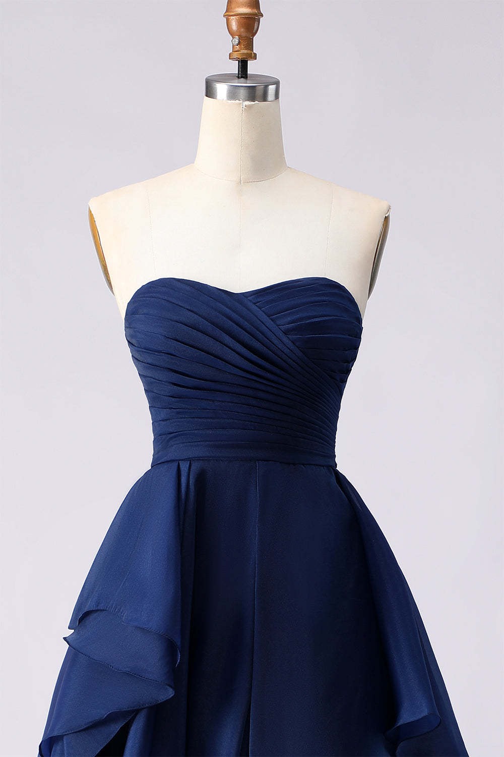 Navy A Line Sweetheart Ruffled Backless Long Prom Dress