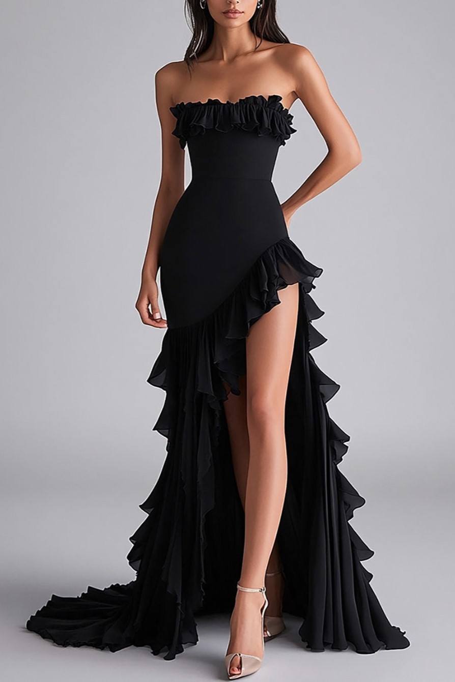 Strapless Black Ruffled Long Chiffon Formal Dress with Slit