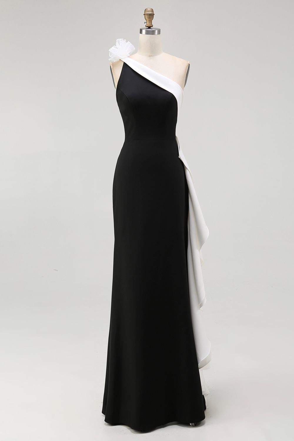 One Shoulder Mermaid Long Black Tie Dress with Ruffles