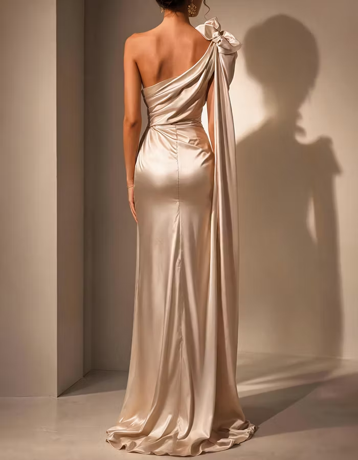 Champagne Bow One-Shoulder Ruched Satin Mermaid Maxi Dress