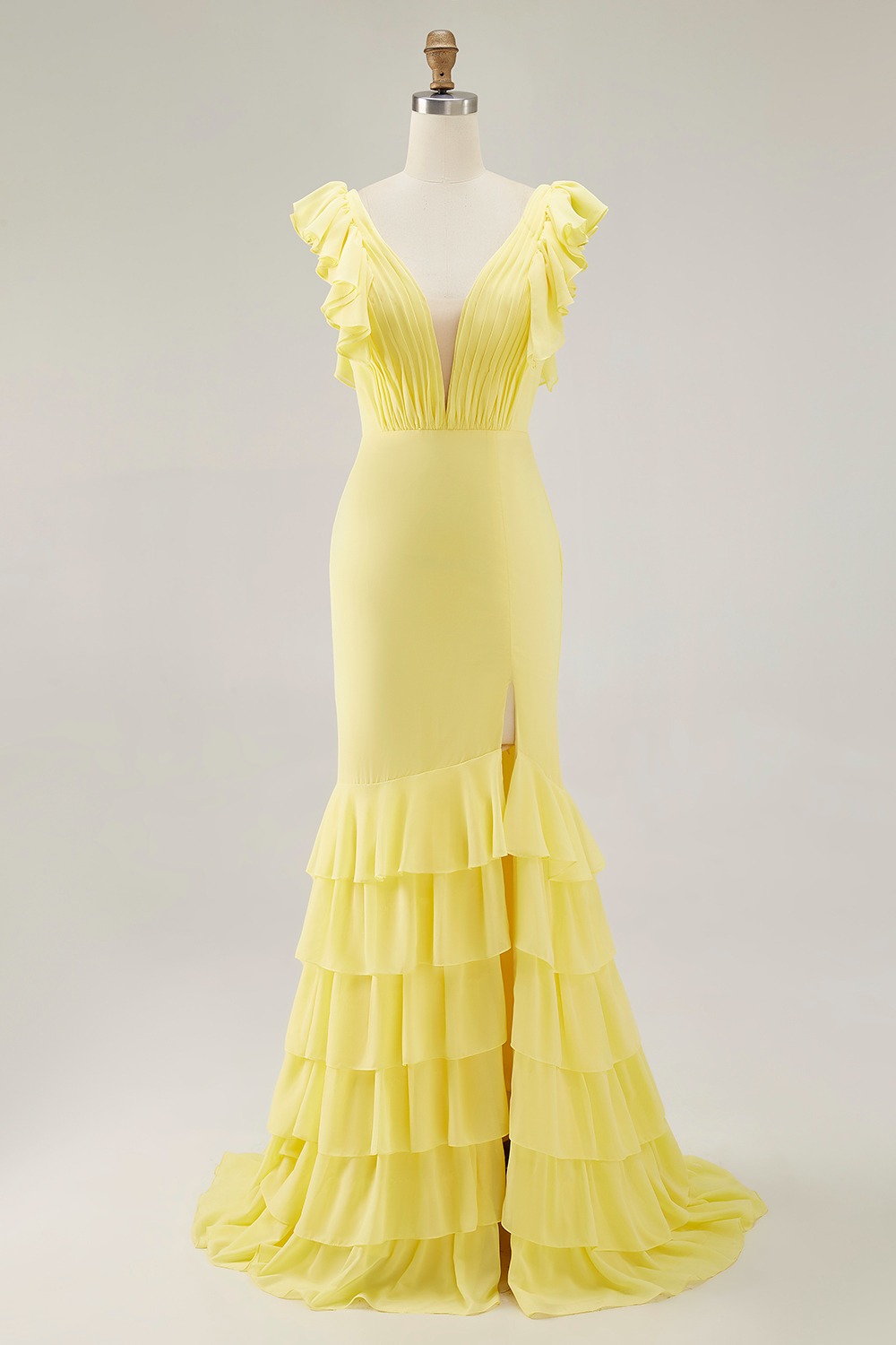 Yellow Chiffon V Neck Mermaid Ruffled Maxi Formal Dress with Slit