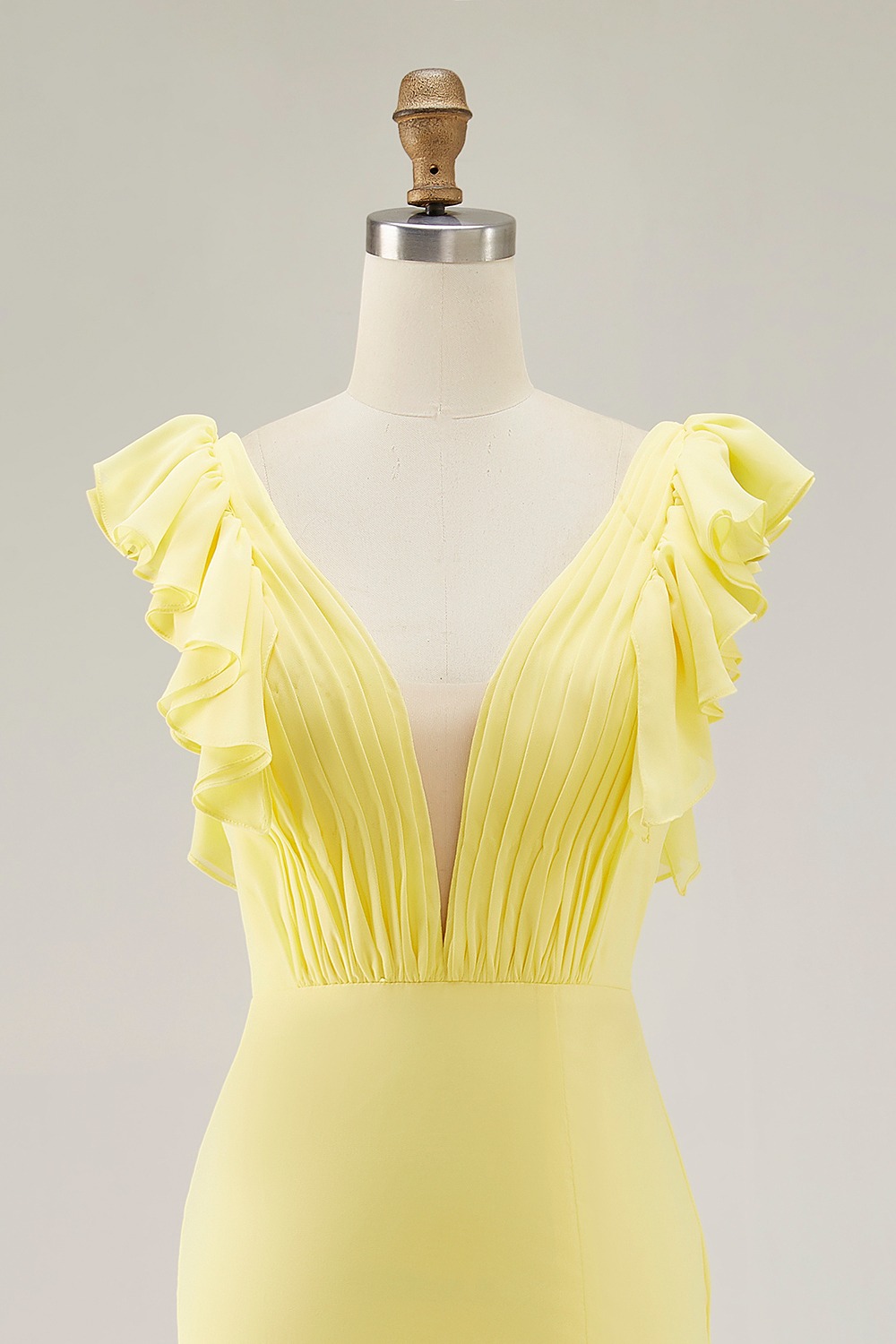 Yellow Chiffon V Neck Mermaid Ruffled Maxi Formal Dress with Slit