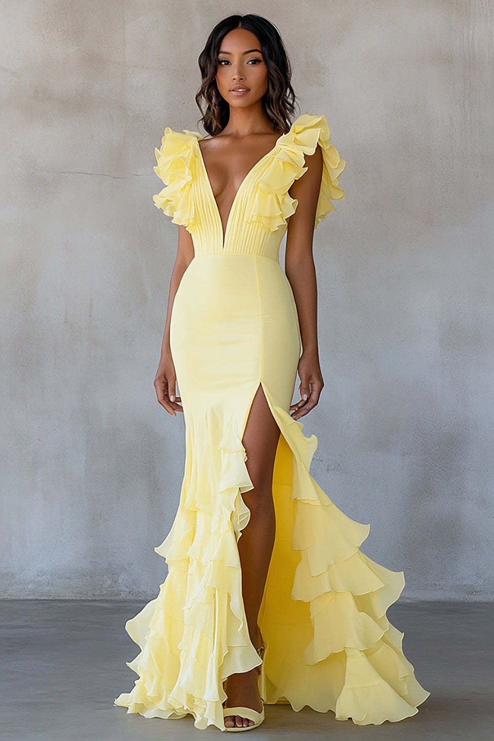 Yellow Chiffon V Neck Mermaid Ruffled Maxi Formal Dress with Slit