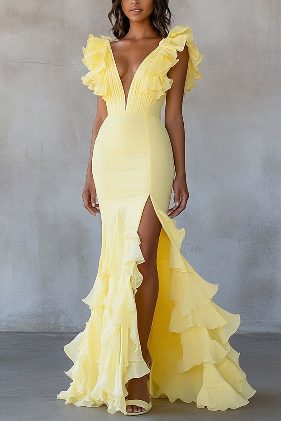 Yellow Chiffon V Neck Mermaid Ruffled Maxi Formal Dress with Slit