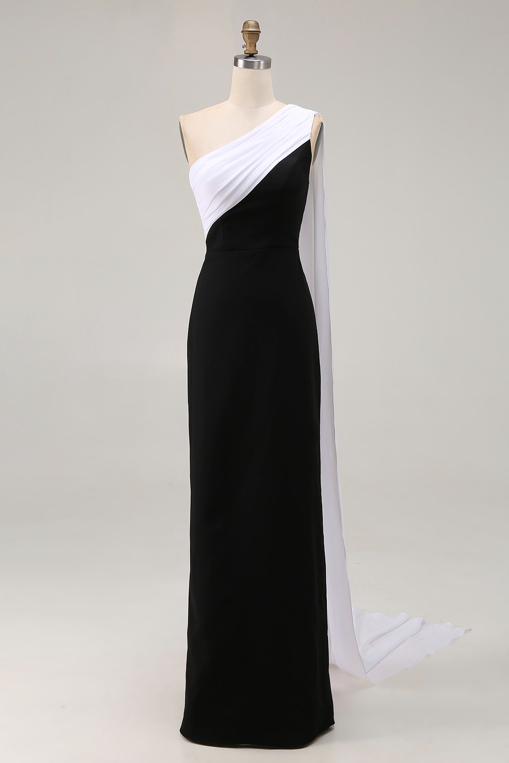 Black White Sheath One Shoulder Maxi Formal Dress with Side Cape