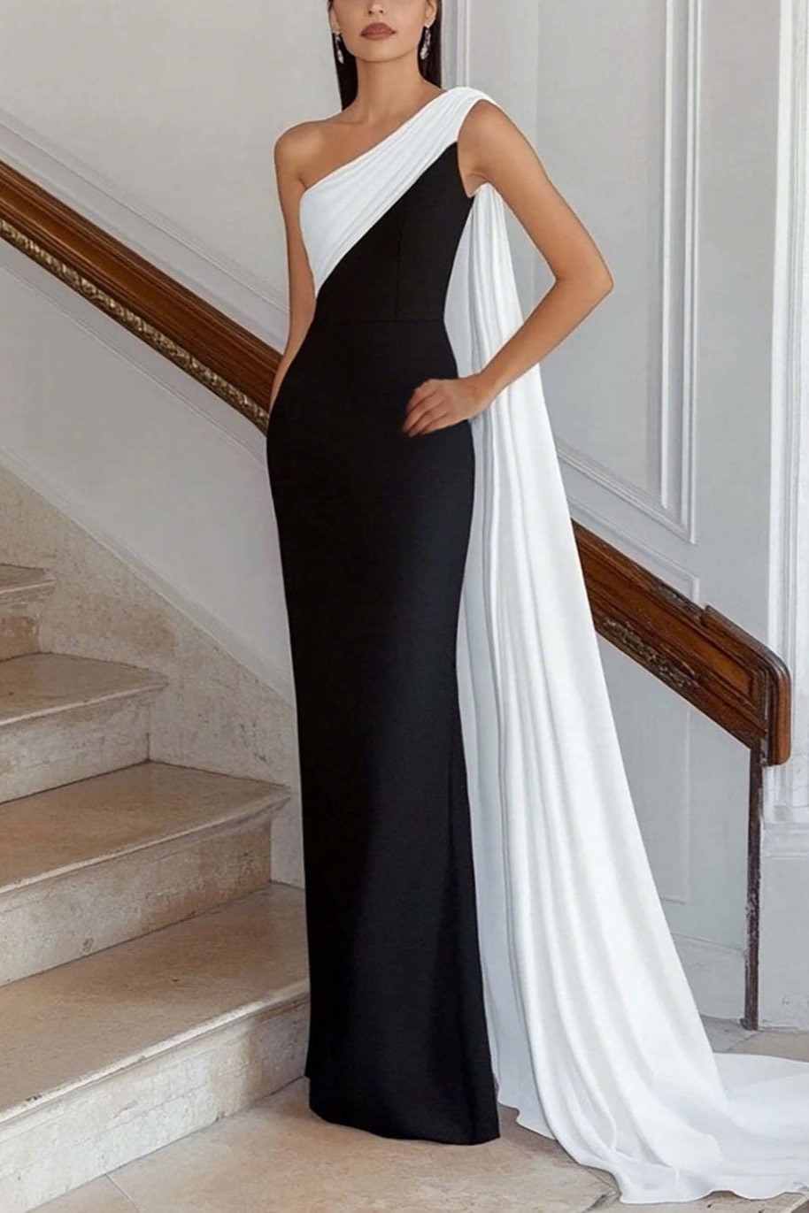 Black White Sheath One Shoulder Maxi Formal Dress with Side Cape