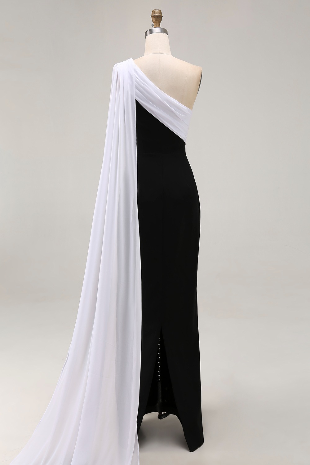 Black White Sheath One Shoulder Maxi Formal Dress with Side Cape