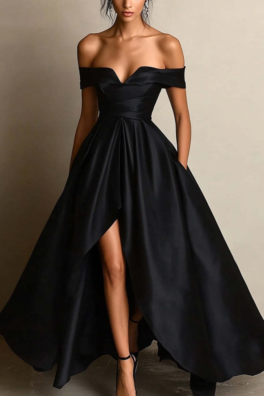 Black A Line Off the Shoulder Satin Maxi Formal Dress with Slit