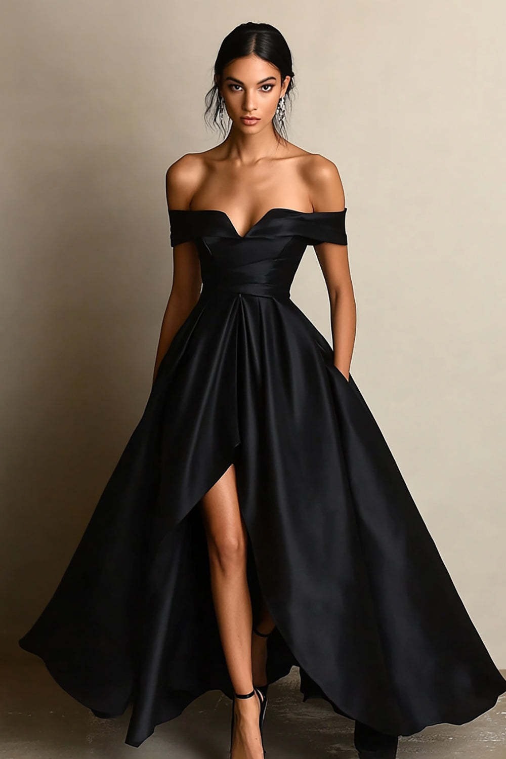 Black A Line Off the Shoulder Satin Maxi Formal Dress with Slit