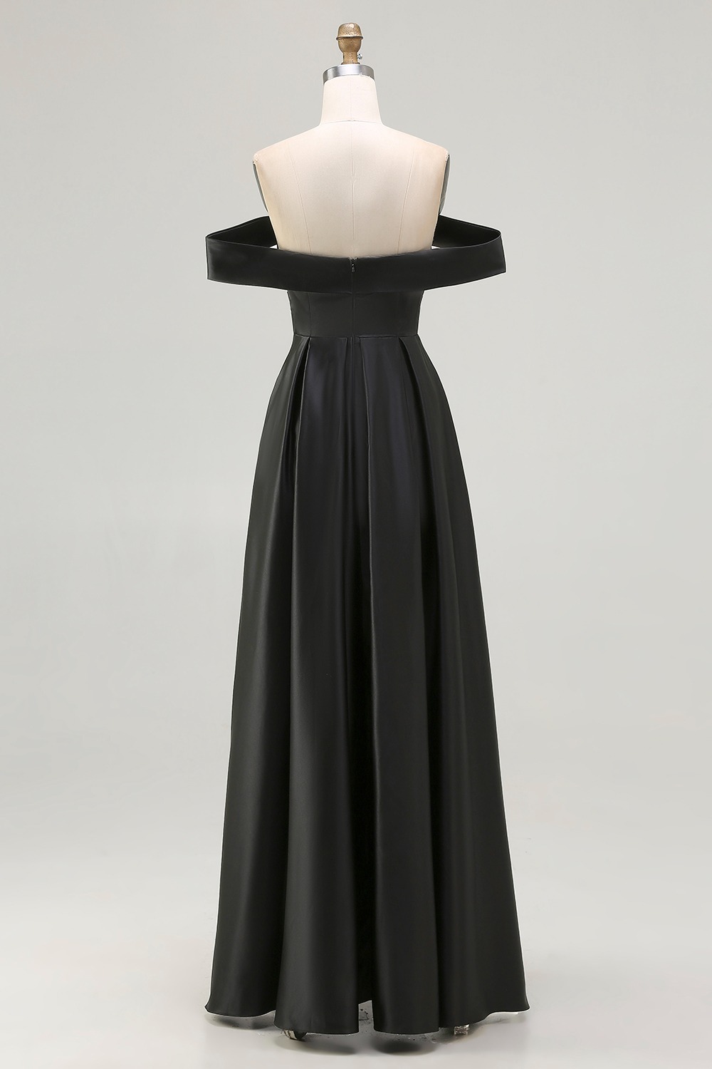 Black A Line Off the Shoulder Satin Maxi Formal Dress with Slit