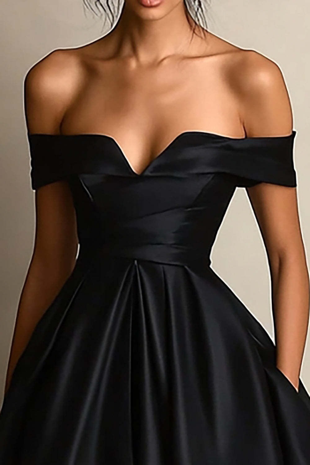 Black A Line Off the Shoulder Satin Maxi Formal Dress with Slit