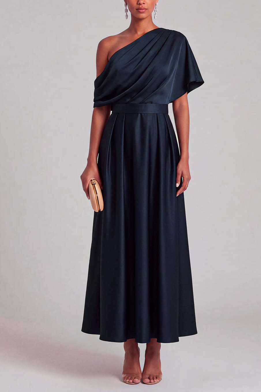Navy A-Line One Shoulder Ruched Maxi Formal Dress