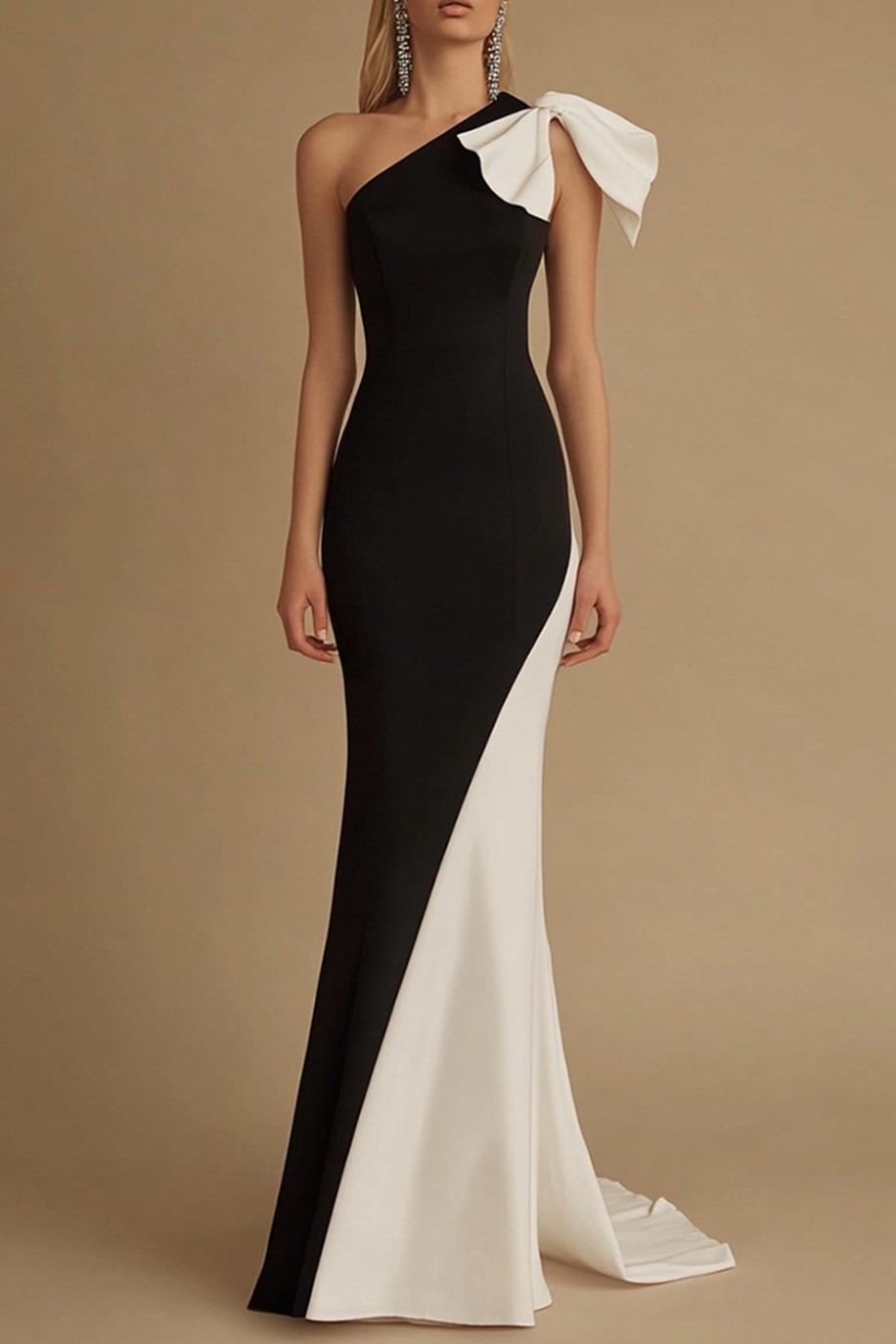 Black and White Satin Mermaid Maxi Evening Dress with Bow