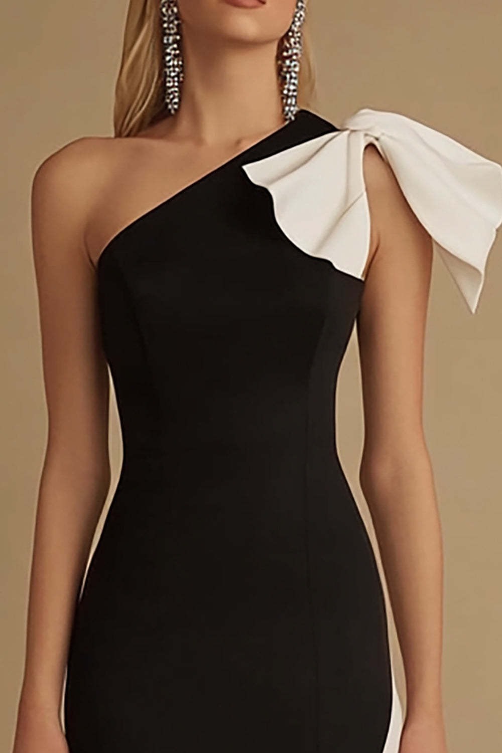 Black and White Satin Mermaid Maxi Evening Dress with Bow