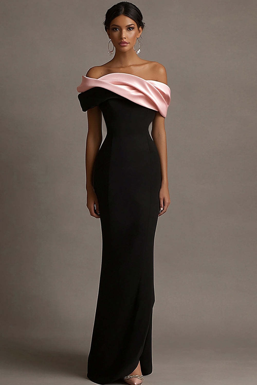 Black and Pink Off the Shoulder Sheath Satin Maxi Evening Dress