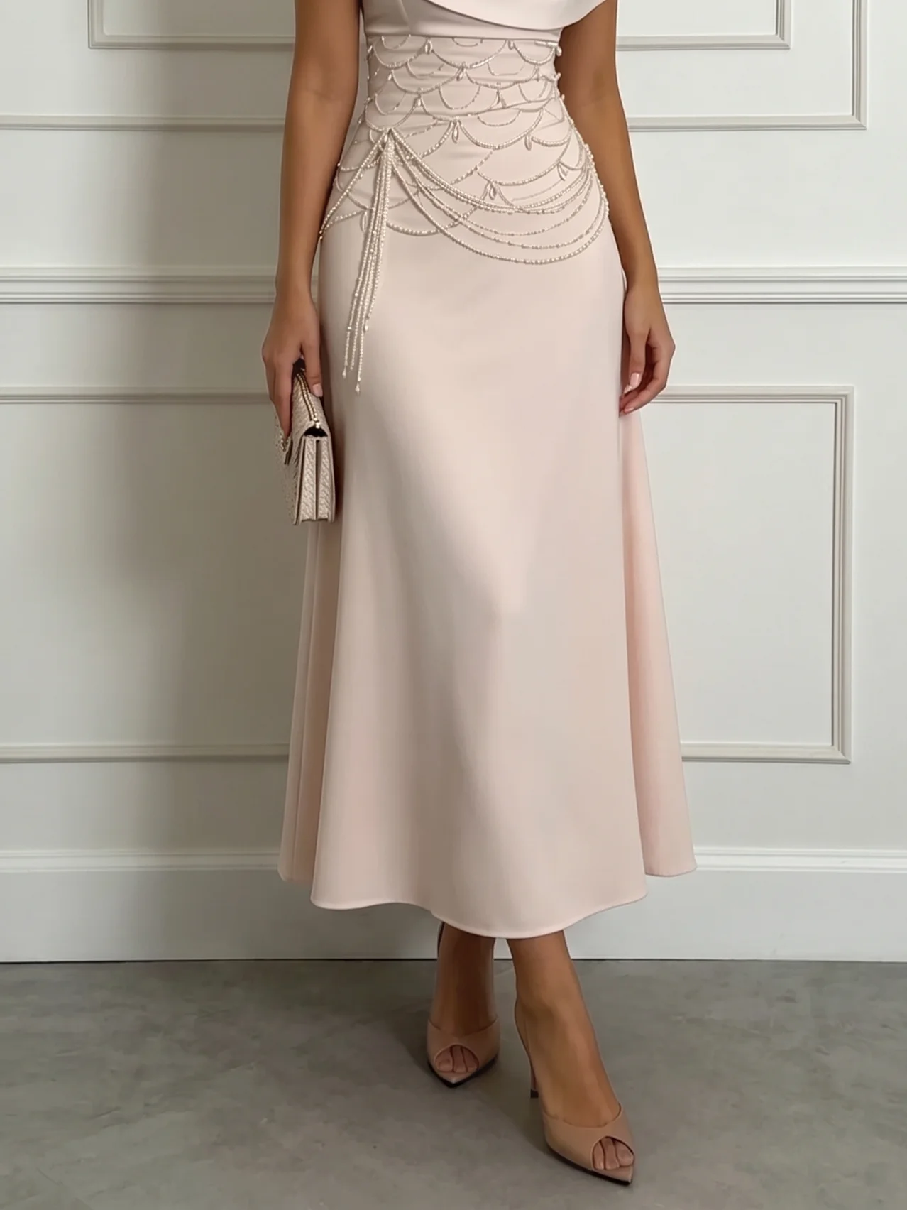 Pink Beaded Satin Off The Shoulder Short Sleeve A-Line Midi Dress
