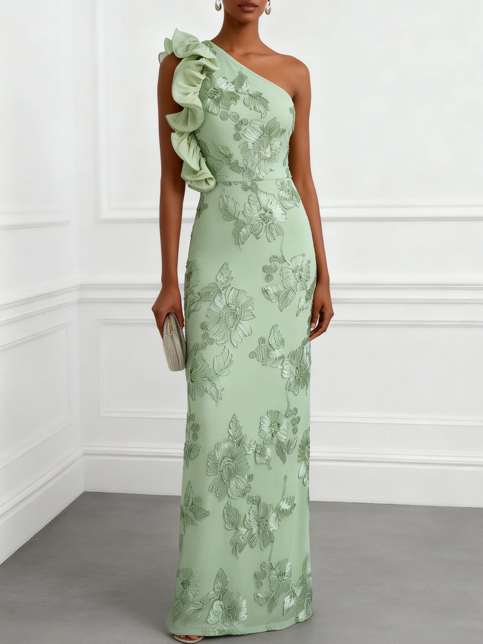 Lightgreen 3D Floral Jacquard Classic One Shoulder Sleeveless Sheath Floor-length Gown Dress